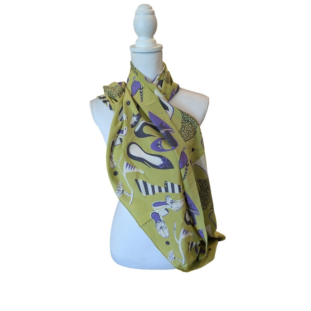 Zazou Luxe 100% Silk Scarf Lime Green Purple Shoe Novelty Print Luxury